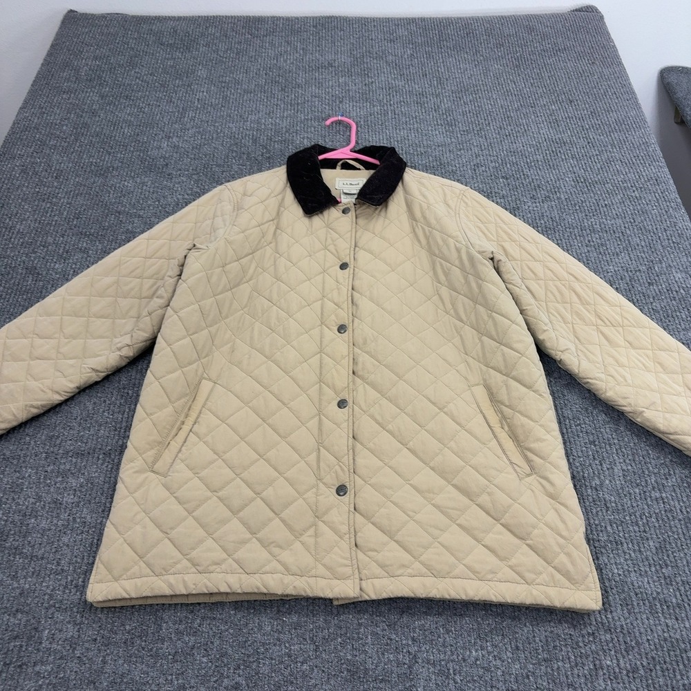 LL Bean Quilted Jacket Women M Tan Cotton Nylon Corduroy Collar Barn Coat Casual